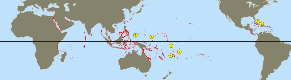 Microdoc locations plus locations of coral reefs