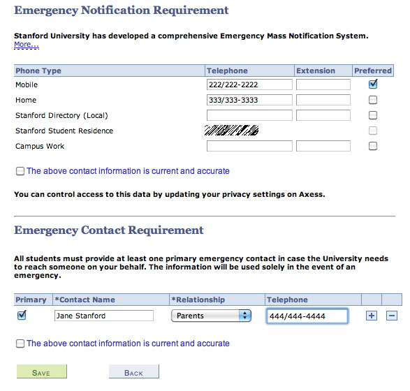 Image of the Emergency Notificatin Requirement interface in the Axess Student Checklist