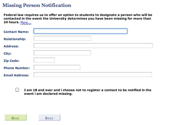 Image of the Missing Person Notification interface in the Axess Student Checklist