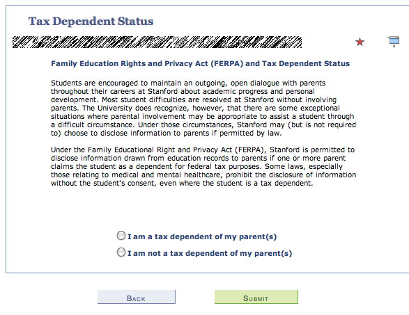 Image of the Tax Dependent Status interface in the Axess Student Checklist